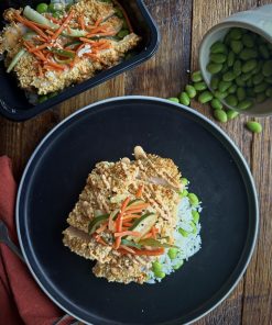 Jacked-Nutrition Chicken Katsu with Crispy Gluten-Free Panko Chicken Breast, Jasmine Rice, Edamame, Carrots, Cucumber and Spicy Mayo